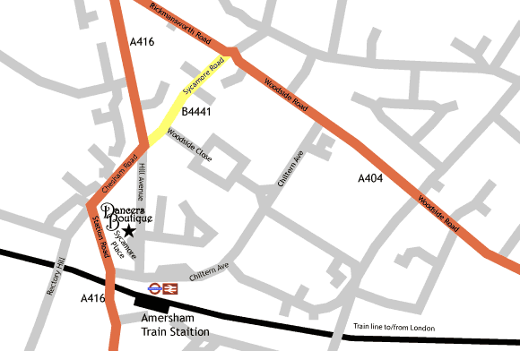 Localised street map showing Dancers Boutique's exact location on Sycamore Place, Hill Avenue, Amersham, Bucks. HP6 5BG