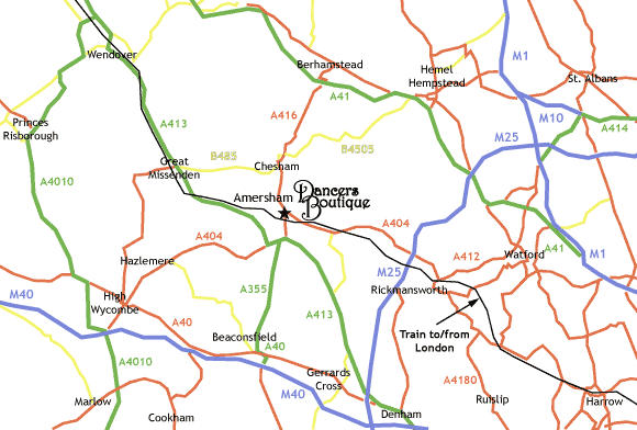 Regional map showing the dancewear shop Dancers Boutique's location in Amersham, Bucks., close to London.