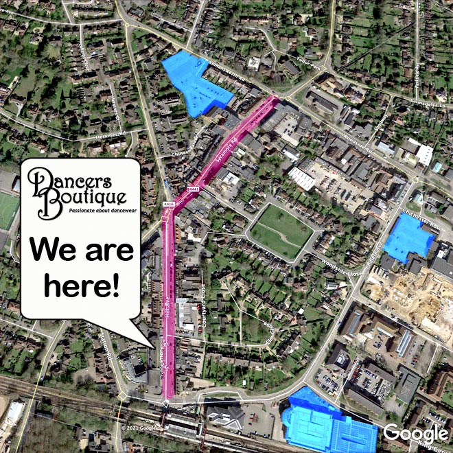 Map showing parking areas around Amersham when visiting Dancers Boutique.